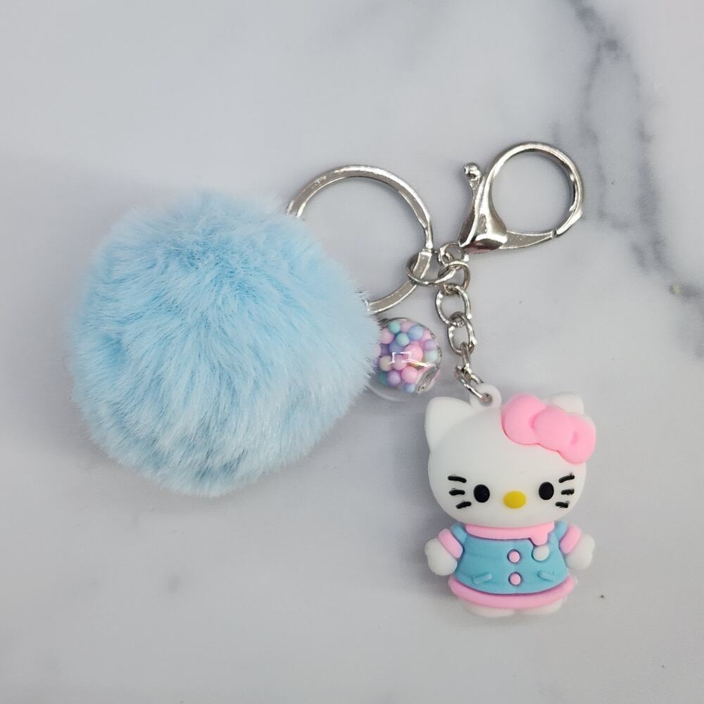 Hello Kitty 3D Figure Keychain, puff ball & mini bead filled bubble Light Blue